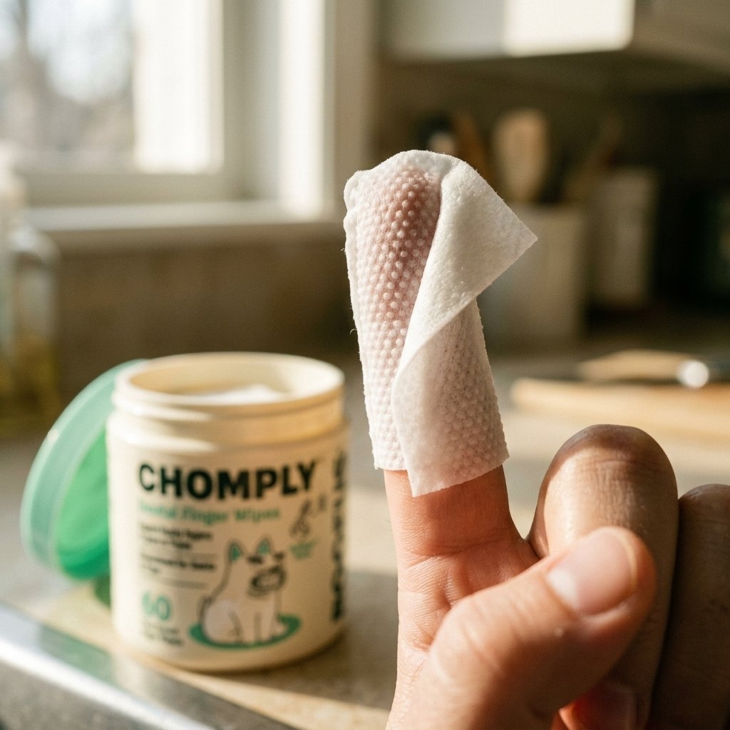 Close-up of a Chomply dual-sided finger wipe on an index finger