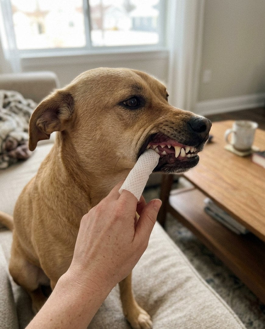 A finger wipe reaching the back teeth of a dog at home